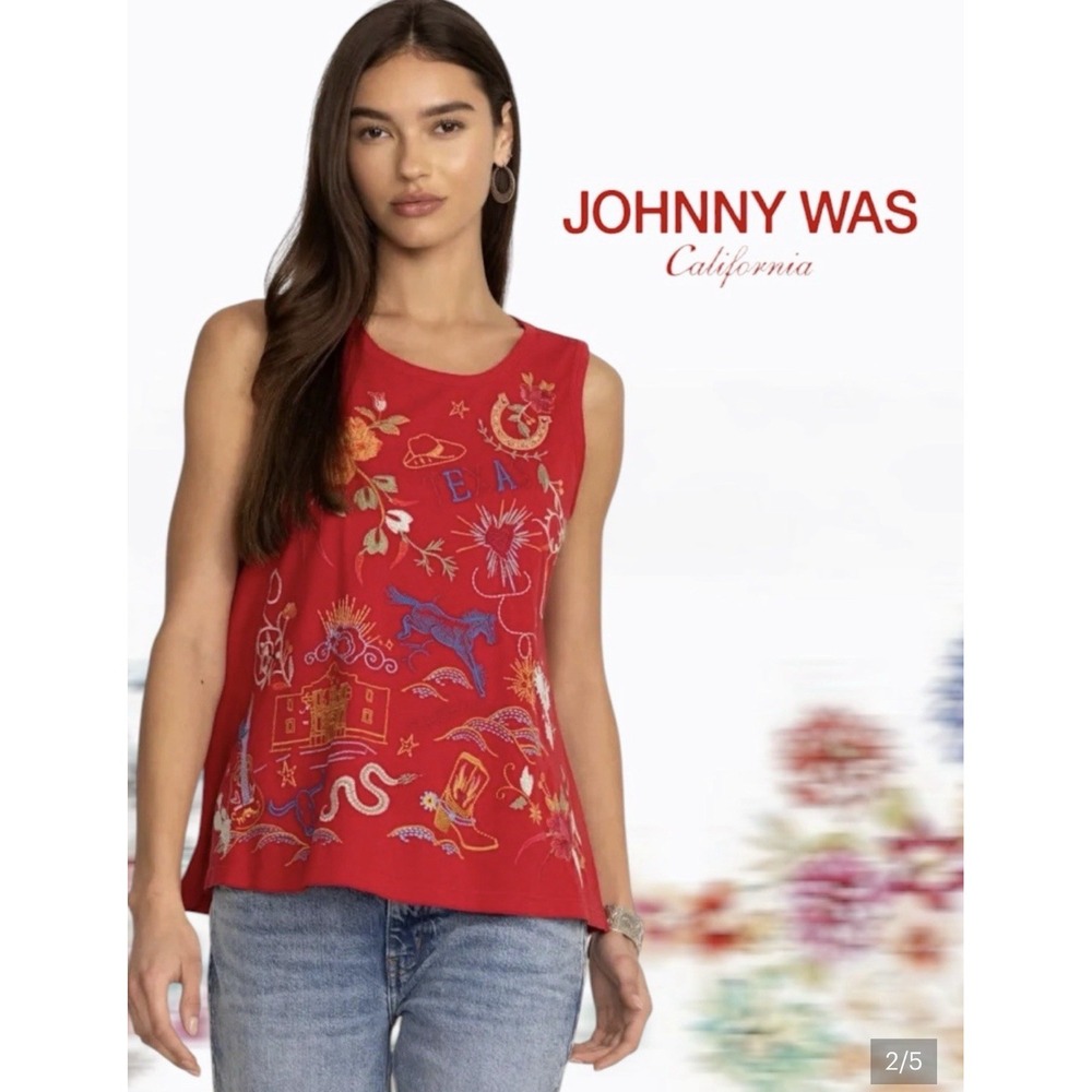 Johnny Was Texas Knit Tank Top Red Embroidered Western Boho XXL NWT Plus
